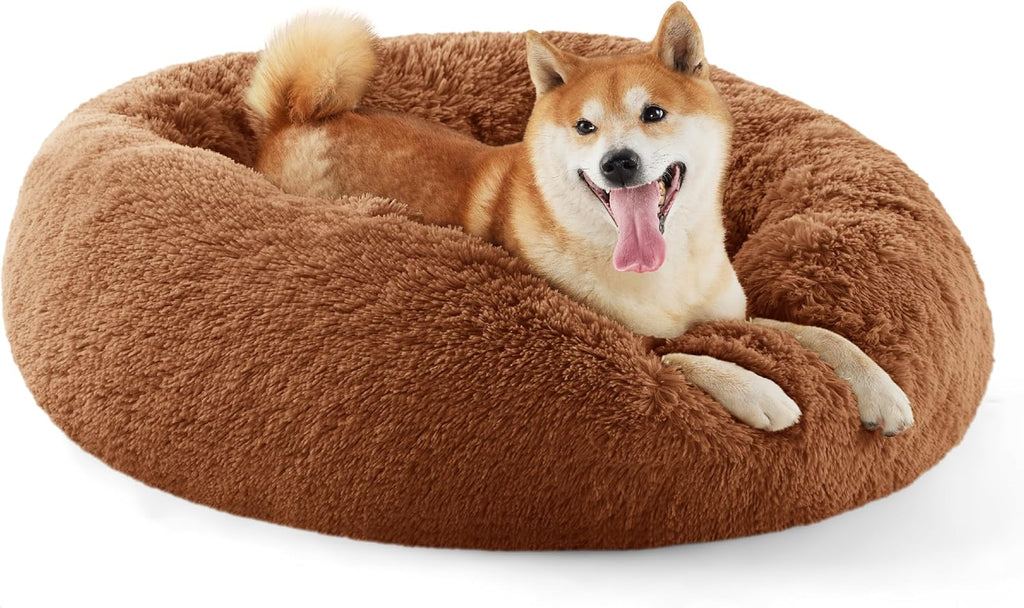Calming Dog Bed for Small Dogs - Donut Washable Small Puppy Bed, 23 Inches Anti-Slip round Fluffy Plush Faux Fur Large Cat Bed, Fits up to 25 Lbs Pets, Camel