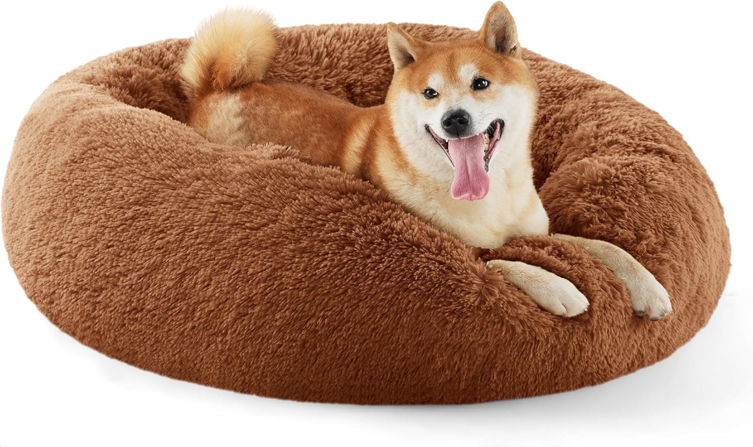 Calming Dog Bed for Small Dogs - Donut Washable Small Puppy Bed, 23 Inches Anti-Slip round Fluffy Plush Faux Fur Large Cat Bed, Fits up to 25 Lbs Pets, Camel