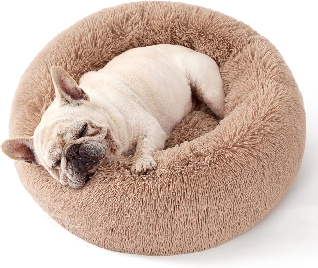 Calming Dog Bed for Small Dogs - Donut Washable Small Puppy Bed, 23 Inches Anti-Slip round Fluffy Plush Faux Fur Large Cat Bed, Fits up to 25 Lbs Pets, Camel
