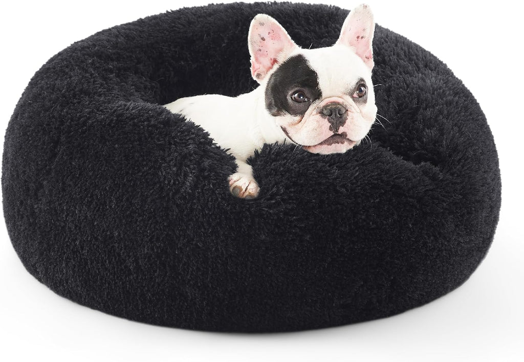 Calming Dog Bed for Small Dogs - Donut Washable Small Puppy Bed, 23 Inches Anti-Slip round Fluffy Plush Faux Fur Large Cat Bed, Fits up to 25 Lbs Pets, Camel