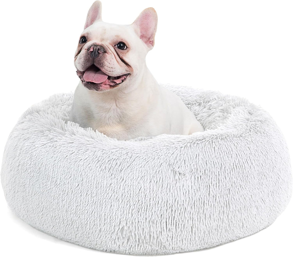 Calming Dog Bed for Small Dogs - Donut Washable Small Puppy Bed, 23 Inches Anti-Slip round Fluffy Plush Faux Fur Large Cat Bed, Fits up to 25 Lbs Pets, Camel