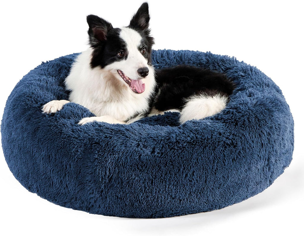 Calming Dog Bed for Small Dogs - Donut Washable Small Puppy Bed, 23 Inches Anti-Slip round Fluffy Plush Faux Fur Large Cat Bed, Fits up to 25 Lbs Pets, Camel