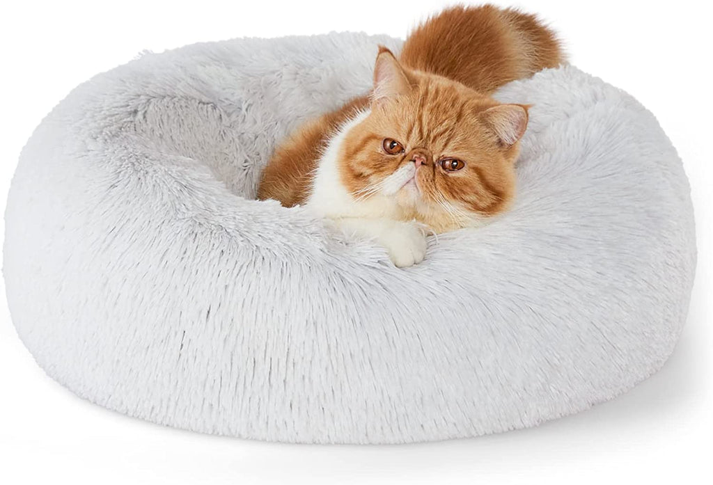 Calming Dog Bed for Small Dogs - Donut Washable Small Puppy Bed, 23 Inches Anti-Slip round Fluffy Plush Faux Fur Large Cat Bed, Fits up to 25 Lbs Pets, Camel