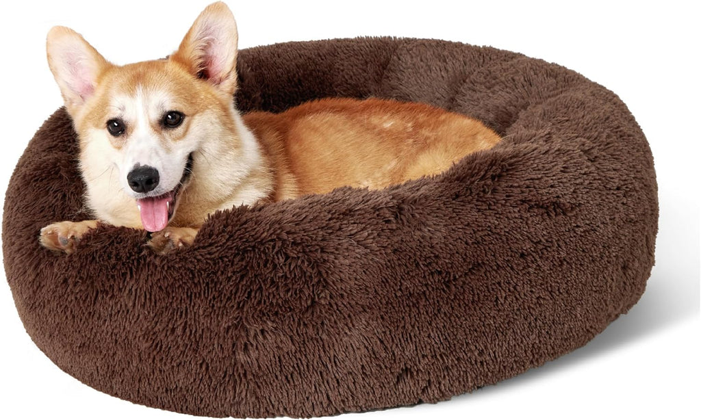 Calming Dog Bed for Small Dogs - Donut Washable Small Puppy Bed, 23 Inches Anti-Slip round Fluffy Plush Faux Fur Large Cat Bed, Fits up to 25 Lbs Pets, Camel