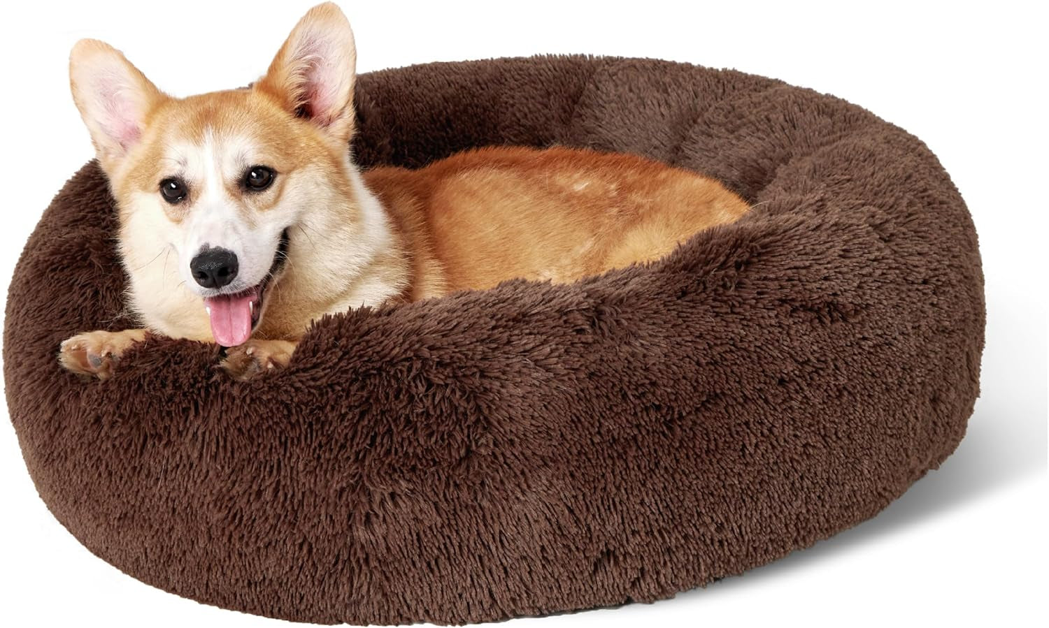 Calming Dog Bed for Small Dogs - Donut Washable Small Puppy Bed, 23 Inches Anti-Slip round Fluffy Plush Faux Fur Large Cat Bed, Fits up to 25 Lbs Pets, Camel