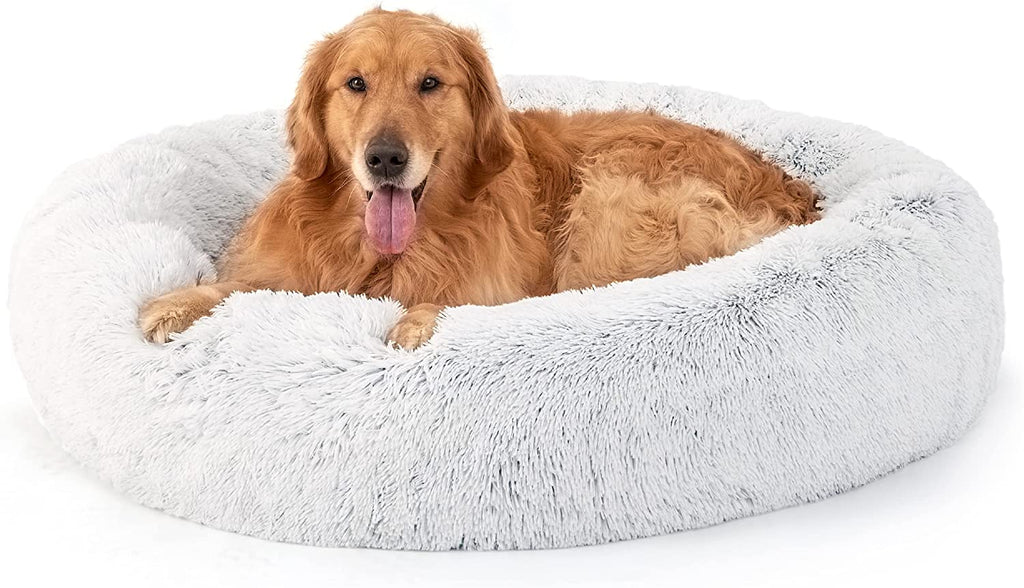 Calming Dog Bed for Small Dogs - Donut Washable Small Puppy Bed, 23 Inches Anti-Slip round Fluffy Plush Faux Fur Large Cat Bed, Fits up to 25 Lbs Pets, Camel