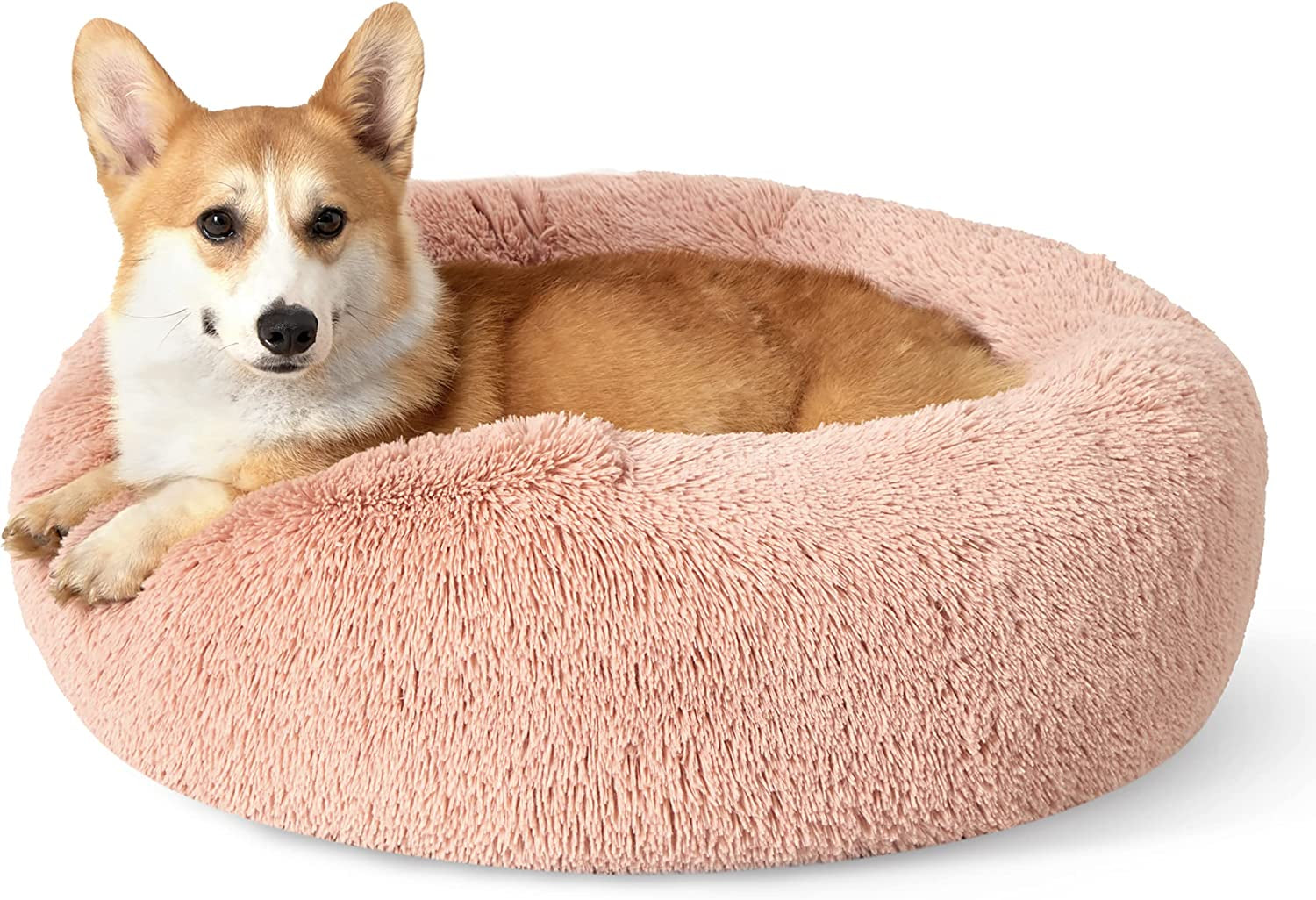 Calming Dog Bed for Small Dogs - Donut Washable Small Puppy Bed, 23 Inches Anti-Slip round Fluffy Plush Faux Fur Large Cat Bed, Fits up to 25 Lbs Pets, Camel