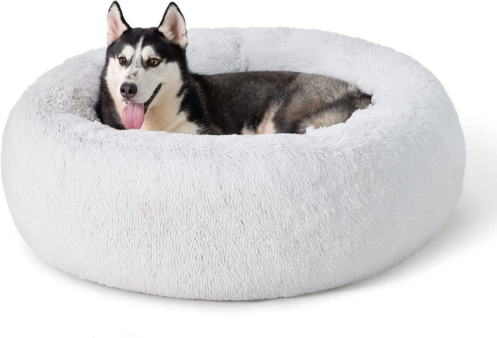 Calming Dog Bed for Small Dogs - Donut Washable Small Puppy Bed, 23 Inches Anti-Slip round Fluffy Plush Faux Fur Large Cat Bed, Fits up to 25 Lbs Pets, Camel