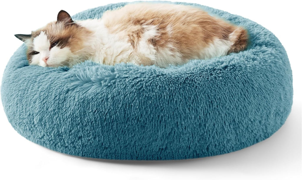 Calming Dog Bed for Small Dogs - Donut Washable Small Puppy Bed, 23 Inches Anti-Slip round Fluffy Plush Faux Fur Large Cat Bed, Fits up to 25 Lbs Pets, Camel