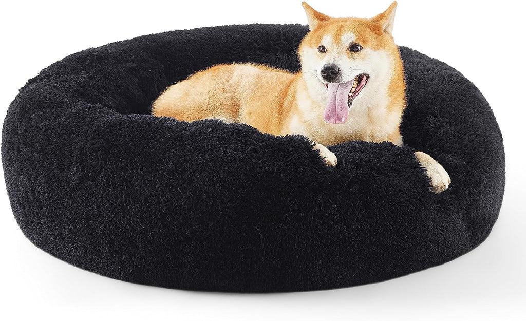 Calming Dog Bed for Small Dogs - Donut Washable Small Puppy Bed, 23 Inches Anti-Slip round Fluffy Plush Faux Fur Large Cat Bed, Fits up to 25 Lbs Pets, Camel