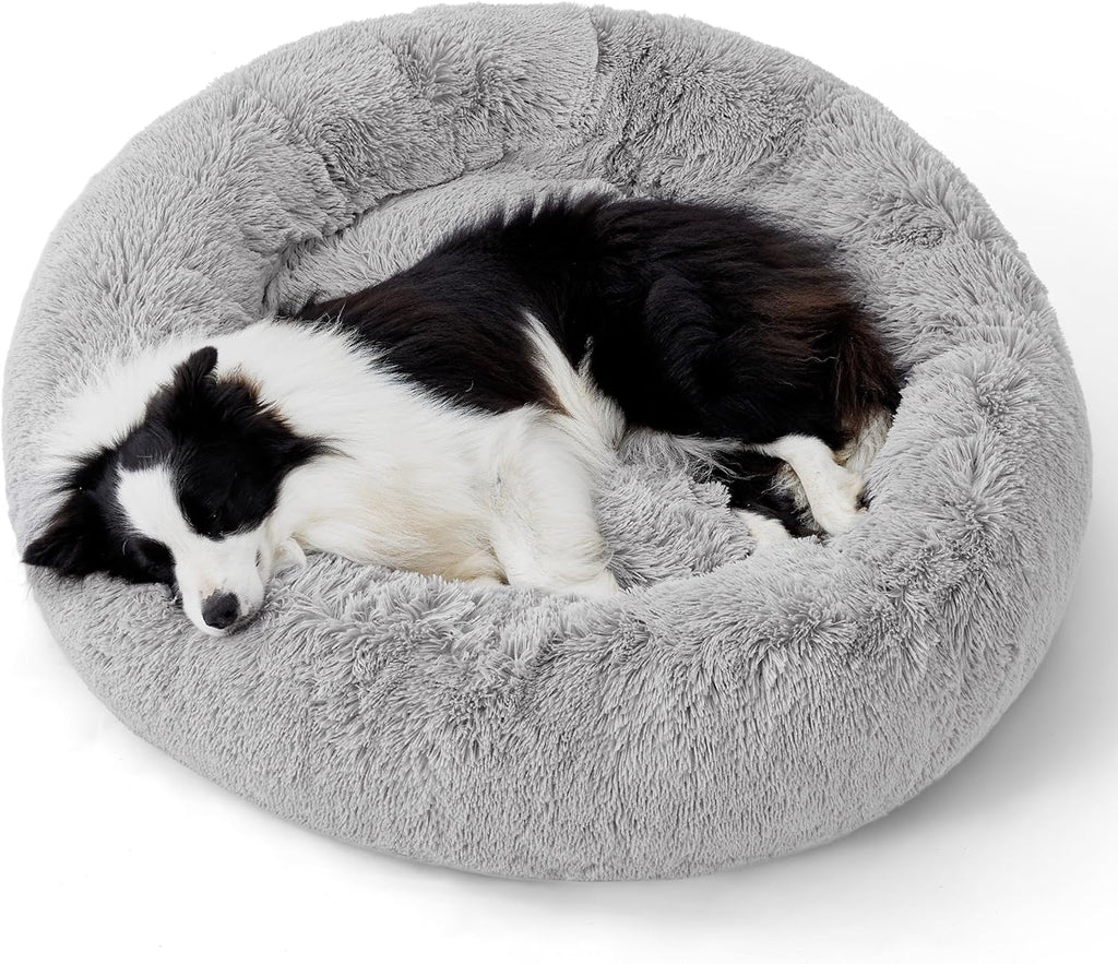 Calming Dog Bed for Small Dogs - Donut Washable Small Puppy Bed, 23 Inches Anti-Slip round Fluffy Plush Faux Fur Large Cat Bed, Fits up to 25 Lbs Pets, Camel