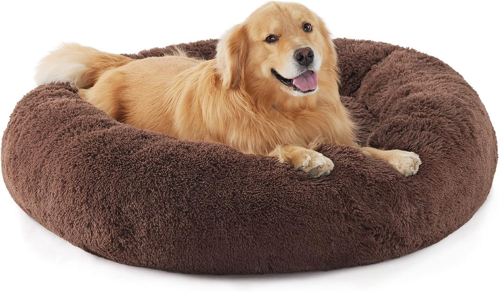 Calming Dog Bed for Small Dogs - Donut Washable Small Puppy Bed, 23 Inches Anti-Slip round Fluffy Plush Faux Fur Large Cat Bed, Fits up to 25 Lbs Pets, Camel