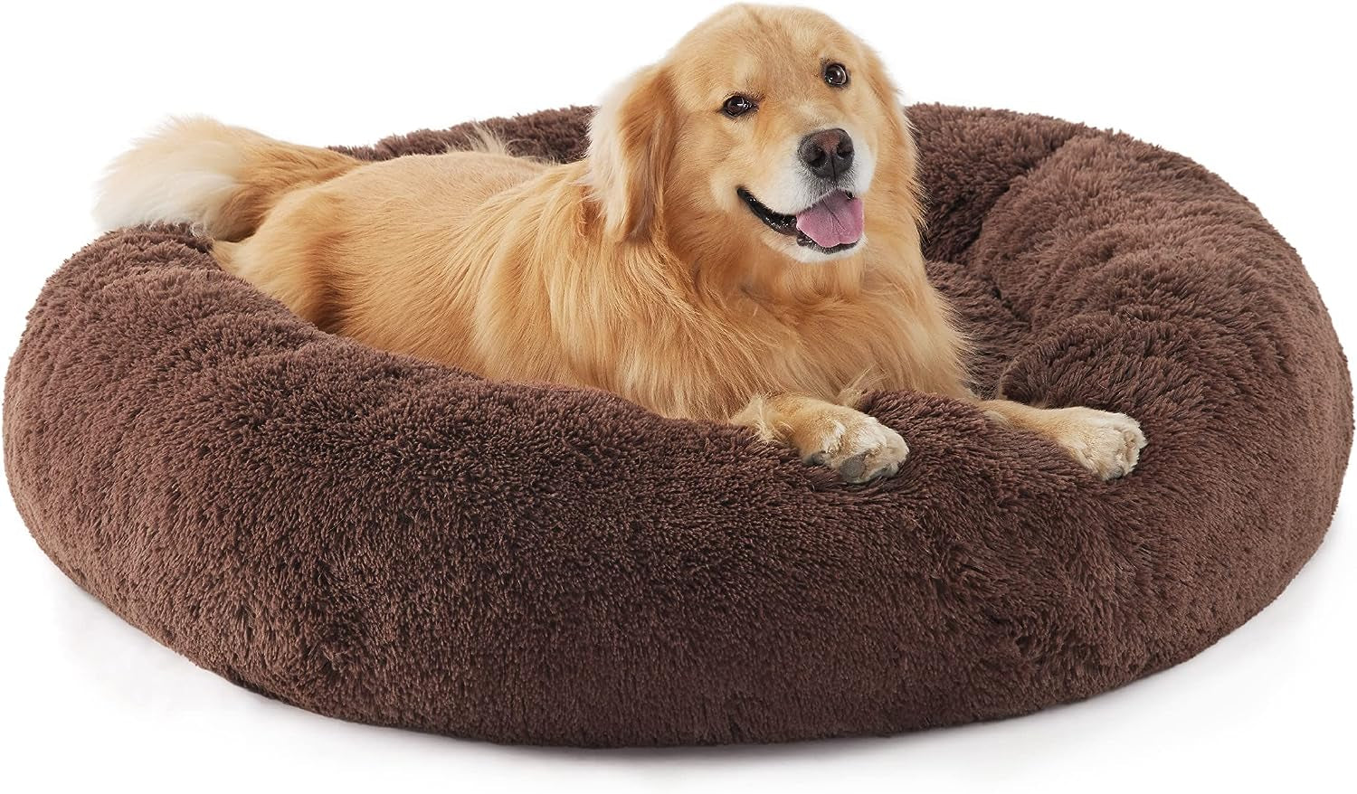Calming Dog Bed for Small Dogs - Donut Washable Small Puppy Bed, 23 Inches Anti-Slip round Fluffy Plush Faux Fur Large Cat Bed, Fits up to 25 Lbs Pets, Camel