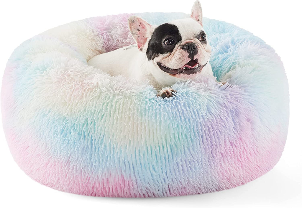 Calming Dog Bed for Small Dogs - Donut Washable Small Puppy Bed, 23 Inches Anti-Slip round Fluffy Plush Faux Fur Large Cat Bed, Fits up to 25 Lbs Pets, Camel