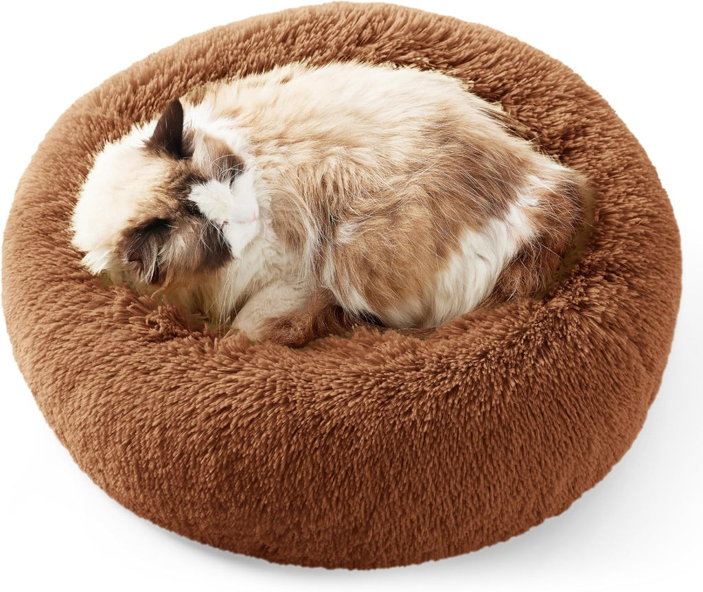 Calming Dog Bed for Small Dogs - Donut Washable Small Puppy Bed, 23 Inches Anti-Slip round Fluffy Plush Faux Fur Large Cat Bed, Fits up to 25 Lbs Pets, Camel