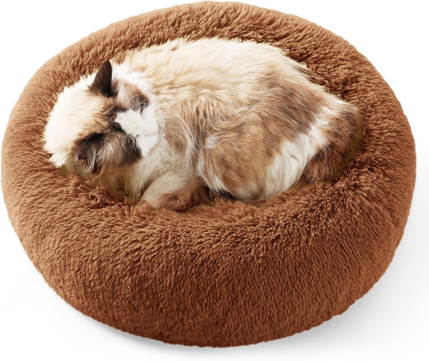 Calming Dog Bed for Small Dogs - Donut Washable Small Puppy Bed, 23 Inches Anti-Slip round Fluffy Plush Faux Fur Large Cat Bed, Fits up to 25 Lbs Pets, Camel