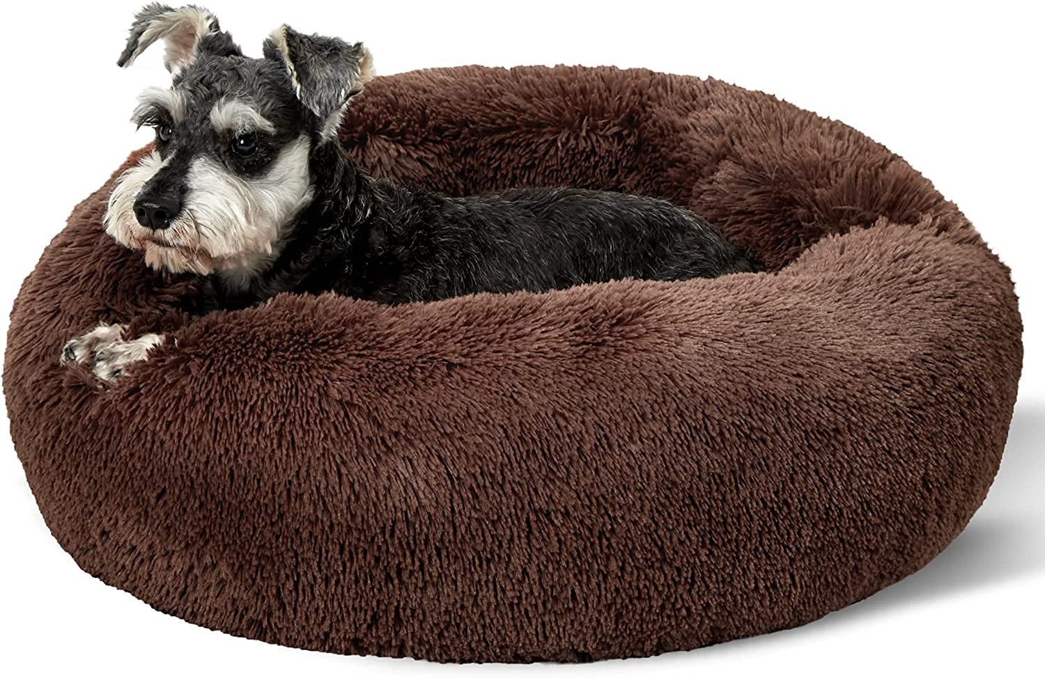 Calming Dog Bed for Small Dogs - Donut Washable Small Puppy Bed, 23 Inches Anti-Slip round Fluffy Plush Faux Fur Large Cat Bed, Fits up to 25 Lbs Pets, Camel