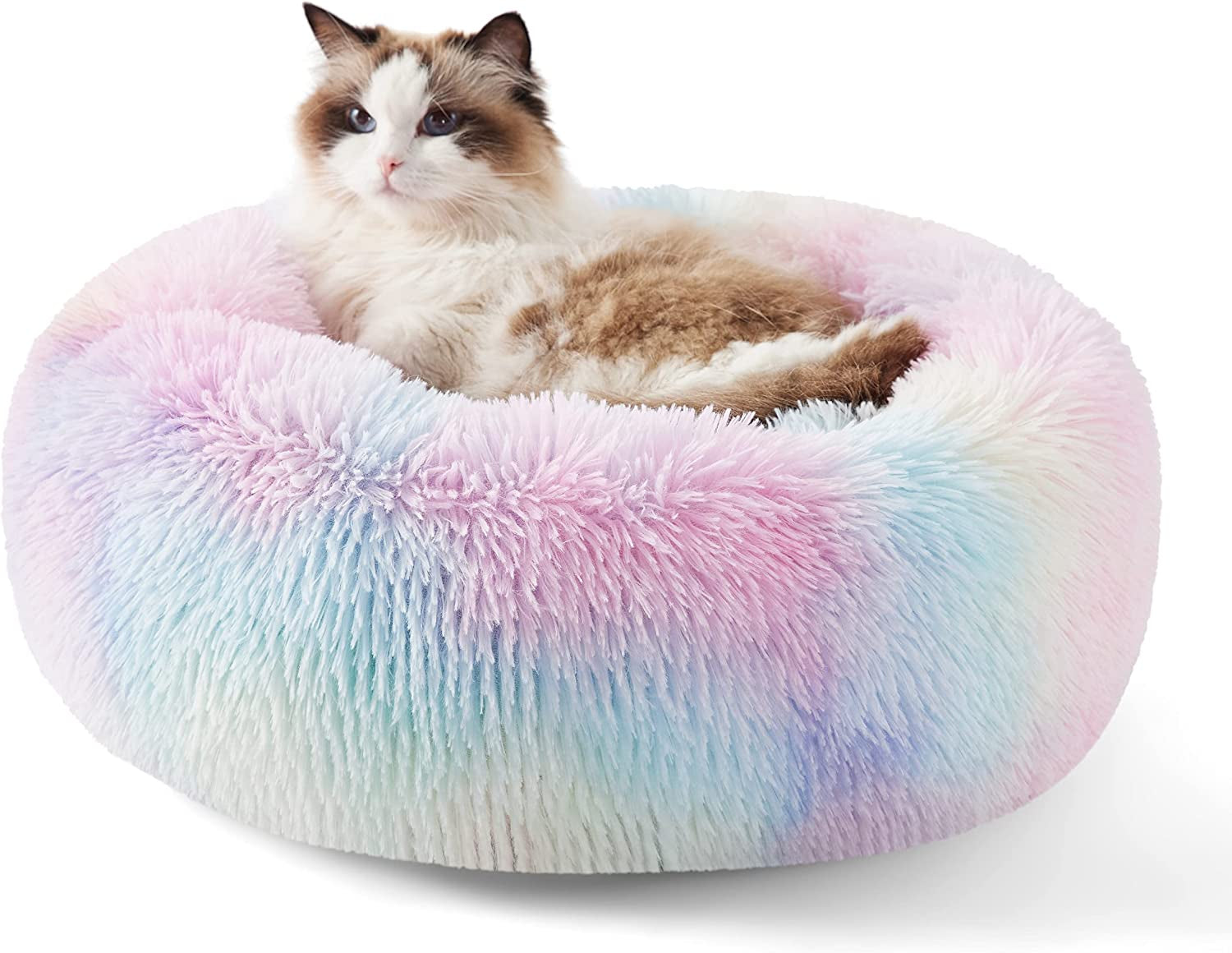 Calming Dog Bed for Small Dogs - Donut Washable Small Puppy Bed, 23 Inches Anti-Slip round Fluffy Plush Faux Fur Large Cat Bed, Fits up to 25 Lbs Pets, Camel