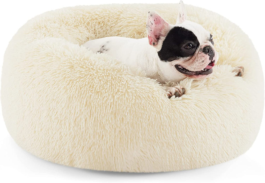 Calming Dog Bed for Small Dogs - Donut Washable Small Puppy Bed, 23 Inches Anti-Slip round Fluffy Plush Faux Fur Large Cat Bed, Fits up to 25 Lbs Pets, Camel