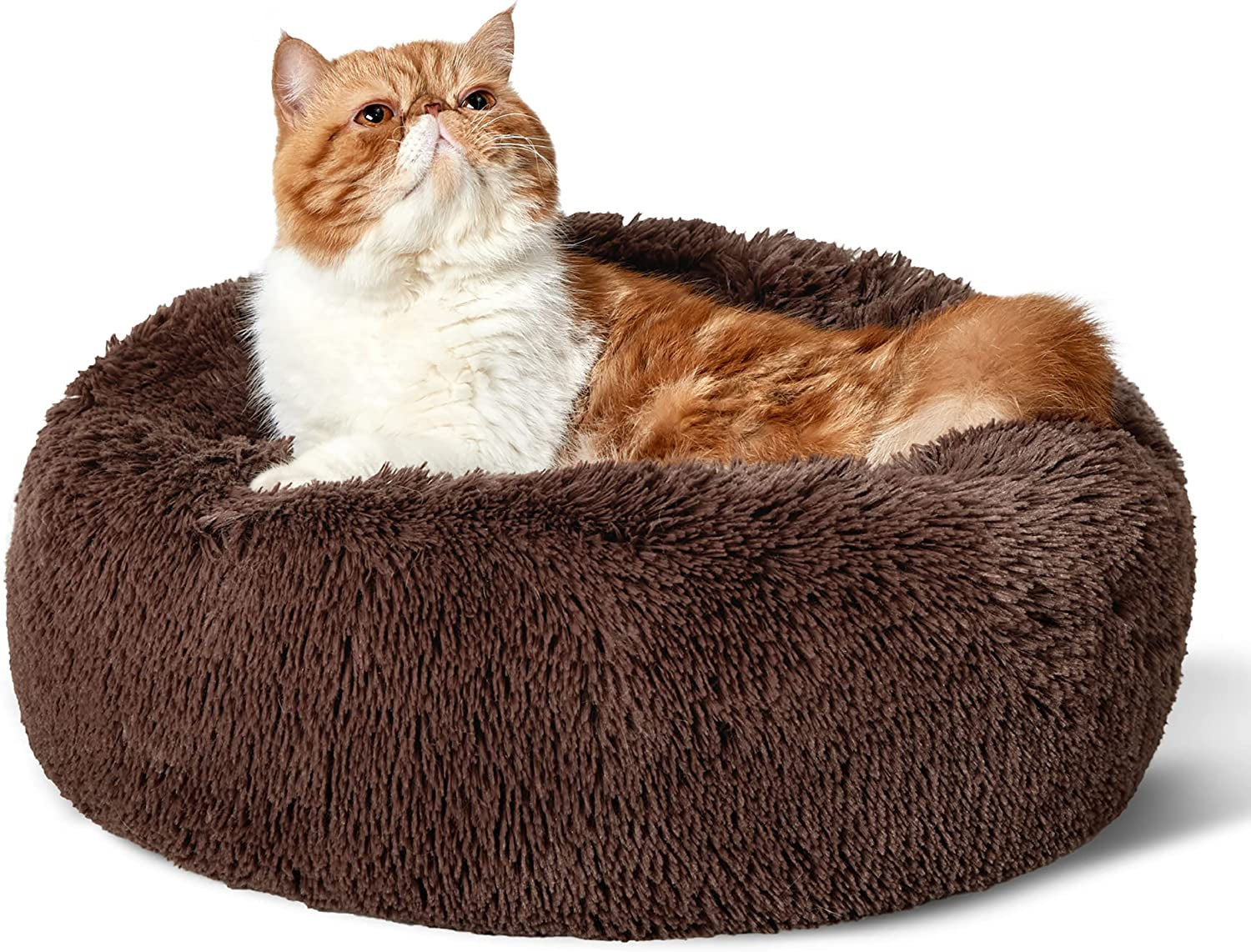 Calming Dog Bed for Small Dogs - Donut Washable Small Puppy Bed, 23 Inches Anti-Slip round Fluffy Plush Faux Fur Large Cat Bed, Fits up to 25 Lbs Pets, Camel