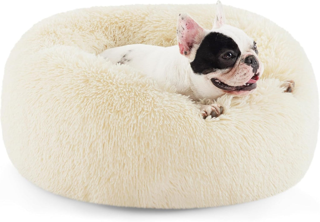 Calming Dog Bed for Small Dogs - Donut Washable Small Puppy Bed, 23 Inches Anti-Slip round Fluffy Plush Faux Fur Large Cat Bed, Fits up to 25 Lbs Pets, Camel