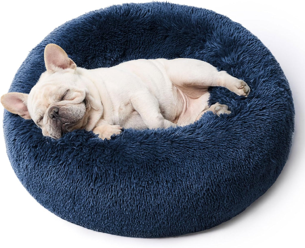 Calming Dog Bed for Small Dogs - Donut Washable Small Puppy Bed, 23 Inches Anti-Slip round Fluffy Plush Faux Fur Large Cat Bed, Fits up to 25 Lbs Pets, Camel