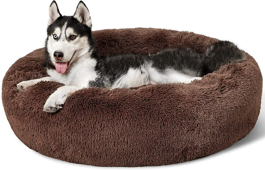 Calming Dog Bed for Small Dogs - Donut Washable Small Puppy Bed, 23 Inches Anti-Slip round Fluffy Plush Faux Fur Large Cat Bed, Fits up to 25 Lbs Pets, Camel