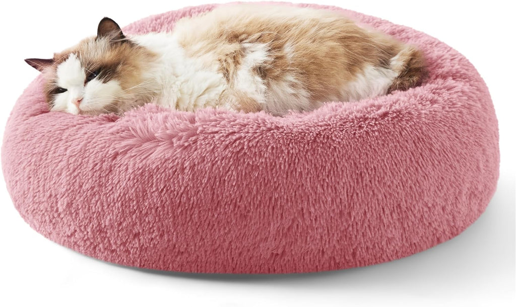 Calming Dog Bed for Small Dogs - Donut Washable Small Puppy Bed, 23 Inches Anti-Slip round Fluffy Plush Faux Fur Large Cat Bed, Fits up to 25 Lbs Pets, Camel