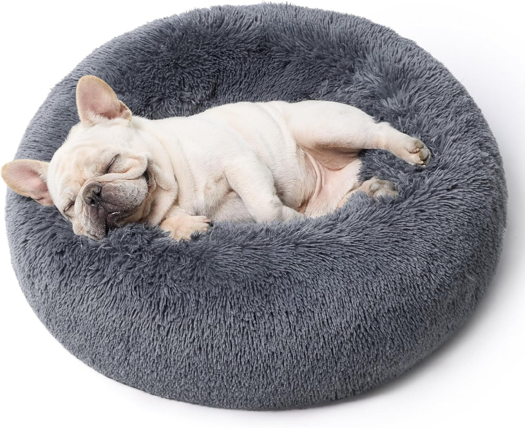 Calming Dog Bed for Small Dogs - Donut Washable Small Puppy Bed, 23 Inches Anti-Slip round Fluffy Plush Faux Fur Large Cat Bed, Fits up to 25 Lbs Pets, Camel