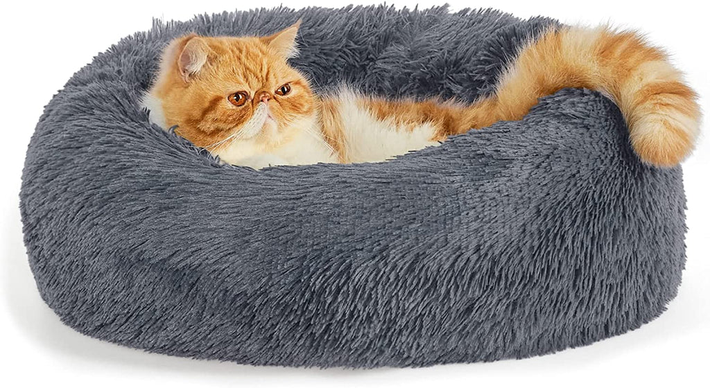Calming Dog Bed for Small Dogs - Donut Washable Small Puppy Bed, 23 Inches Anti-Slip round Fluffy Plush Faux Fur Large Cat Bed, Fits up to 25 Lbs Pets, Camel