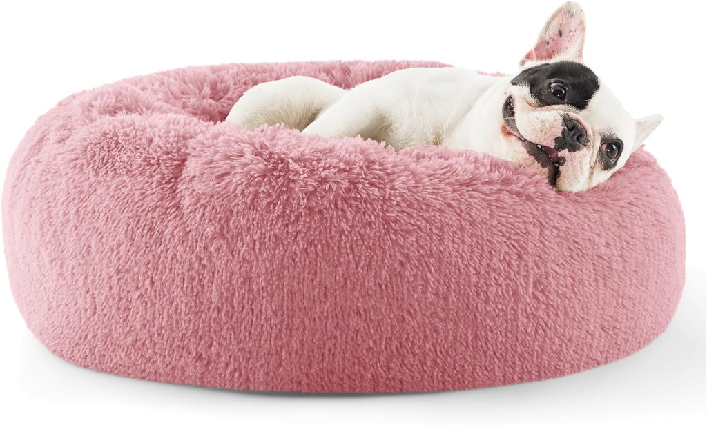 Calming Dog Bed for Small Dogs - Donut Washable Small Puppy Bed, 23 Inches Anti-Slip round Fluffy Plush Faux Fur Large Cat Bed, Fits up to 25 Lbs Pets, Camel