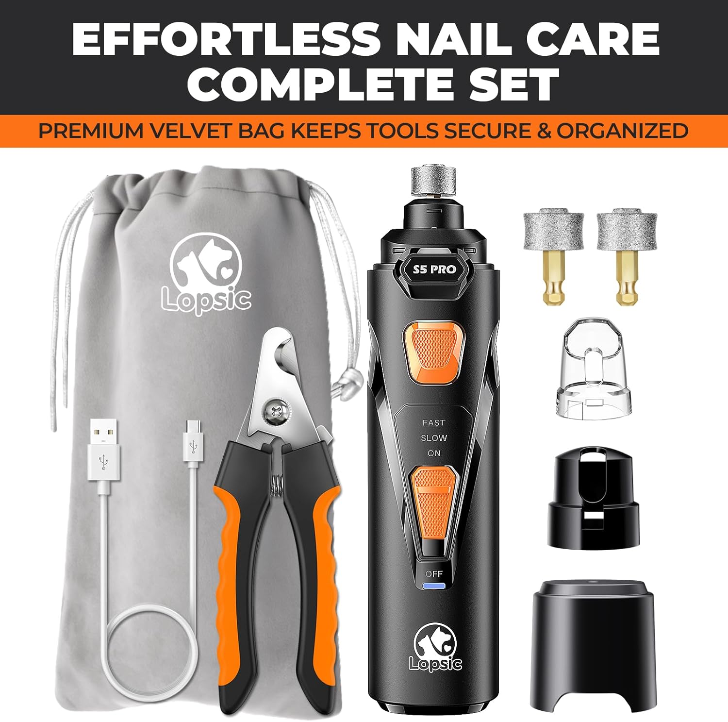 Dog Nail Grinder with 2 LED Lights Powerful 2 Speeds Super Quiet Dog Nail Trimmers with 3 Grinding Wheels Rechargeable Pet Dog Nail Clippers for Large Medium Puppy Dogs Dog Nail File Cat Nail Clipper