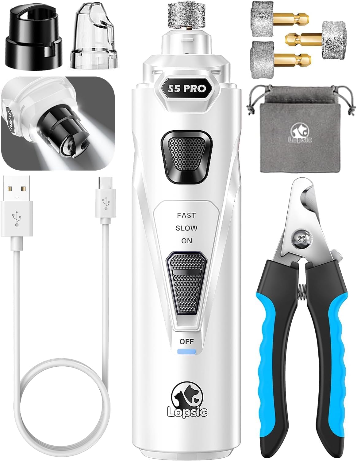 Dog Nail Grinder with 2 LED Lights Powerful 2 Speeds Super Quiet Dog Nail Trimmers with 3 Grinding Wheels Rechargeable Pet Dog Nail Clippers for Large Medium Puppy Dogs Dog Nail File Cat Nail Clipper