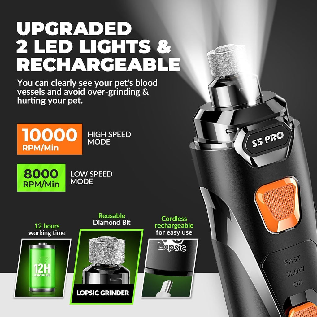 Dog Nail Grinder with 2 LED Lights Powerful 2 Speeds Super Quiet Dog Nail Trimmers with 3 Grinding Wheels Rechargeable Pet Dog Nail Clippers for Large Medium Puppy Dogs Dog Nail File Cat Nail Clipper