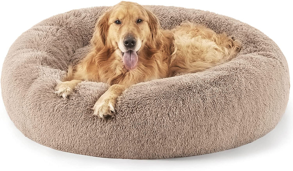 Calming Dog Bed for Small Dogs - Donut Washable Small Puppy Bed, 23 Inches Anti-Slip round Fluffy Plush Faux Fur Large Cat Bed, Fits up to 25 Lbs Pets, Camel