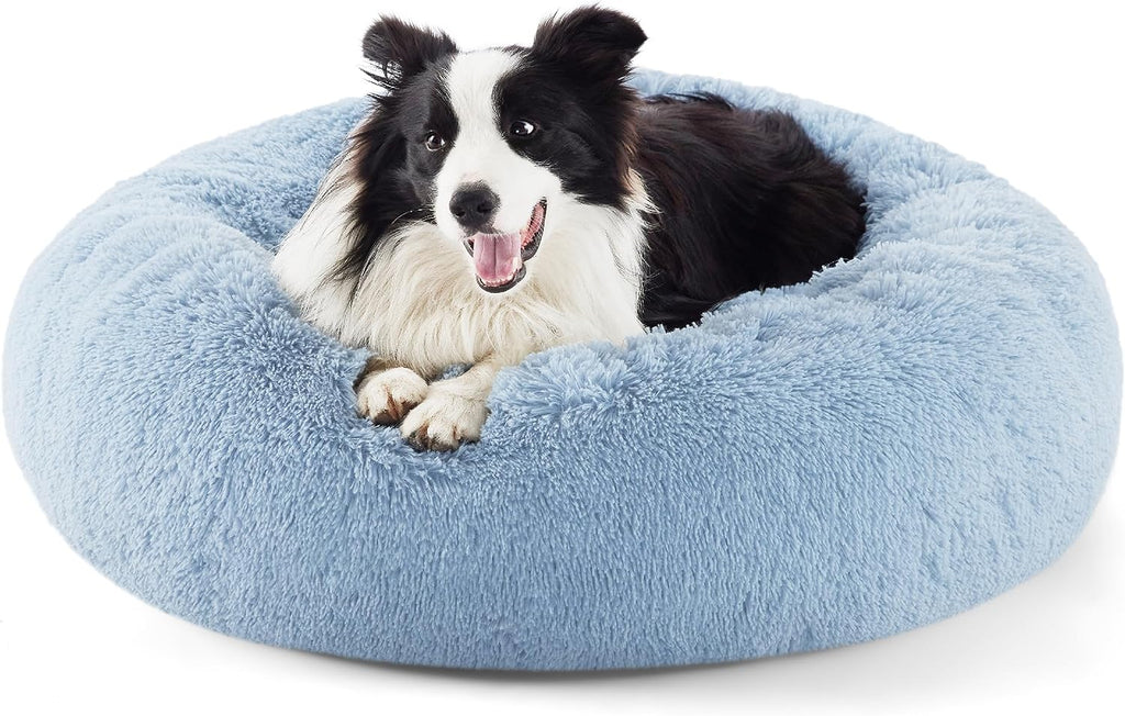 Calming Dog Bed for Small Dogs - Donut Washable Small Puppy Bed, 23 Inches Anti-Slip round Fluffy Plush Faux Fur Large Cat Bed, Fits up to 25 Lbs Pets, Camel