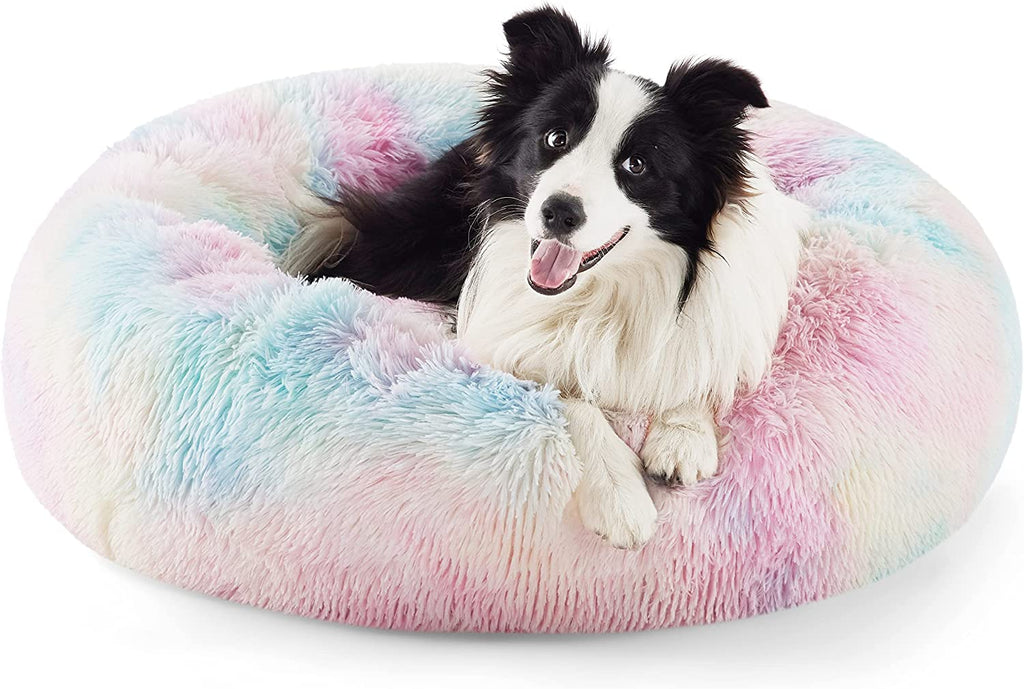 Calming Dog Bed for Small Dogs - Donut Washable Small Puppy Bed, 23 Inches Anti-Slip round Fluffy Plush Faux Fur Large Cat Bed, Fits up to 25 Lbs Pets, Camel