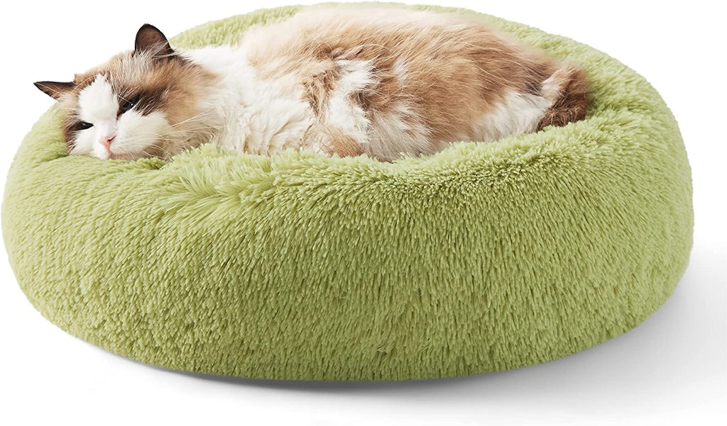 Calming Dog Bed for Small Dogs - Donut Washable Small Puppy Bed, 23 Inches Anti-Slip round Fluffy Plush Faux Fur Large Cat Bed, Fits up to 25 Lbs Pets, Camel
