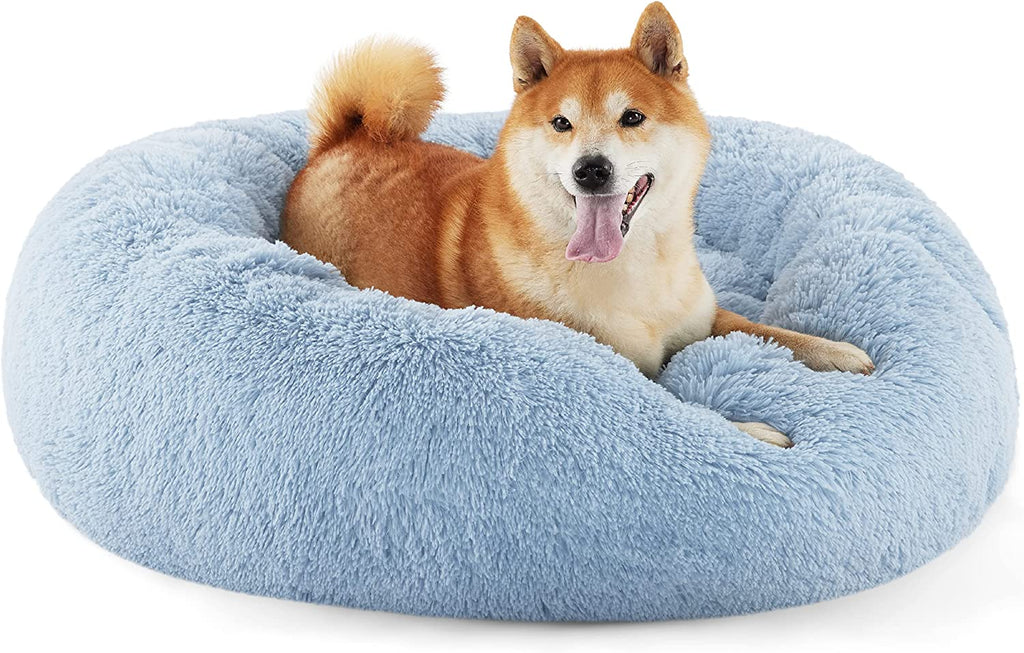 Calming Dog Bed for Small Dogs - Donut Washable Small Puppy Bed, 23 Inches Anti-Slip round Fluffy Plush Faux Fur Large Cat Bed, Fits up to 25 Lbs Pets, Camel