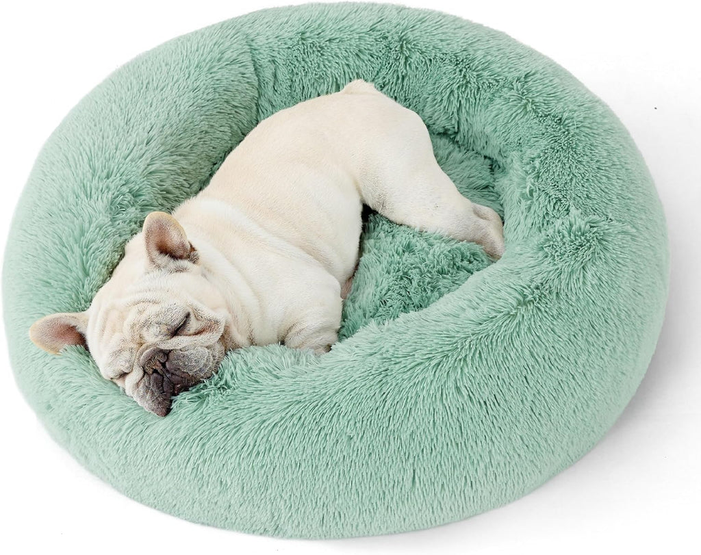 Calming Dog Bed for Small Dogs - Donut Washable Small Puppy Bed, 23 Inches Anti-Slip round Fluffy Plush Faux Fur Large Cat Bed, Fits up to 25 Lbs Pets, Camel