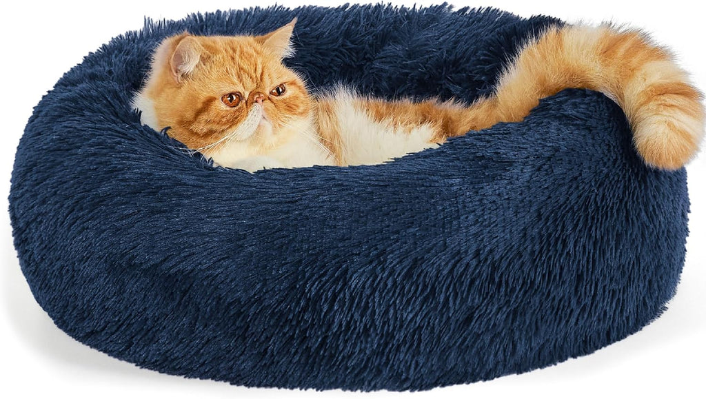 Calming Dog Bed for Small Dogs - Donut Washable Small Puppy Bed, 23 Inches Anti-Slip round Fluffy Plush Faux Fur Large Cat Bed, Fits up to 25 Lbs Pets, Camel