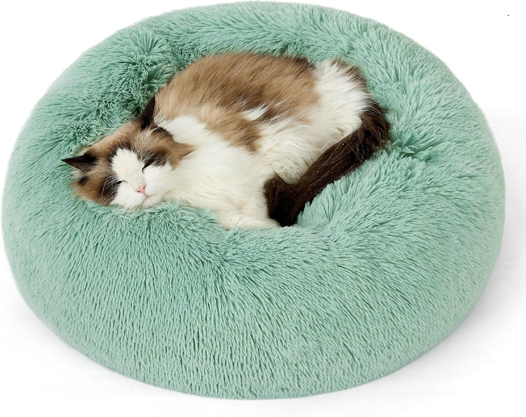 Calming Dog Bed for Small Dogs - Donut Washable Small Puppy Bed, 23 Inches Anti-Slip round Fluffy Plush Faux Fur Large Cat Bed, Fits up to 25 Lbs Pets, Camel