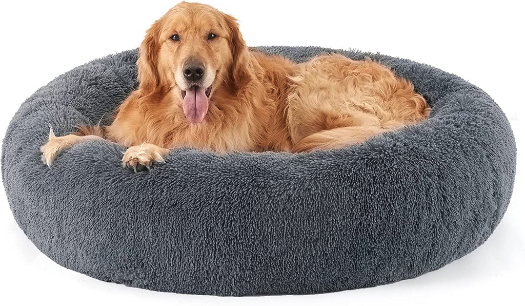 Calming Dog Bed for Small Dogs - Donut Washable Small Puppy Bed, 23 Inches Anti-Slip round Fluffy Plush Faux Fur Large Cat Bed, Fits up to 25 Lbs Pets, Camel