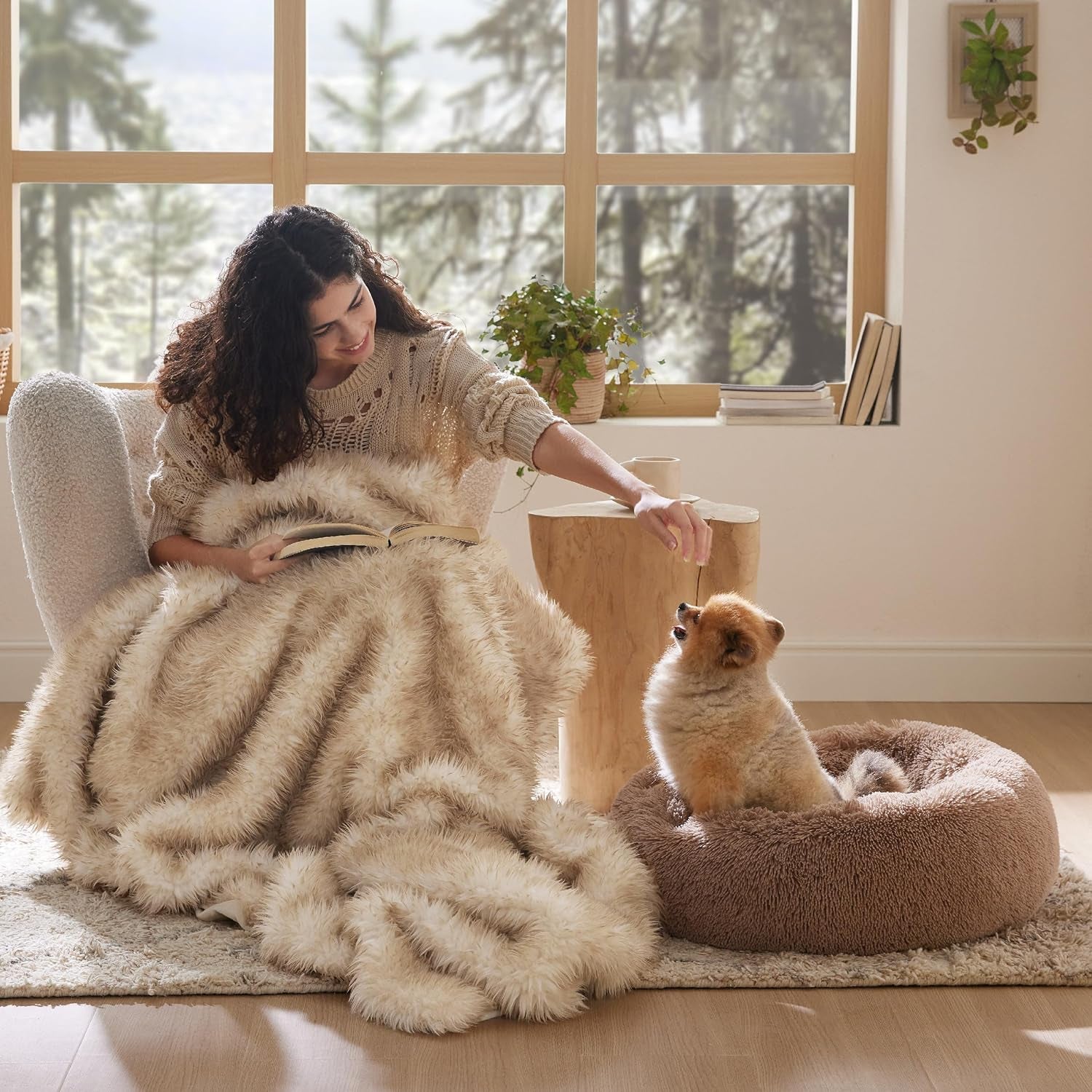 Calming Dog Bed for Small Dogs - Donut Washable Small Puppy Bed, 23 Inches Anti-Slip round Fluffy Plush Faux Fur Large Cat Bed, Fits up to 25 Lbs Pets, Camel