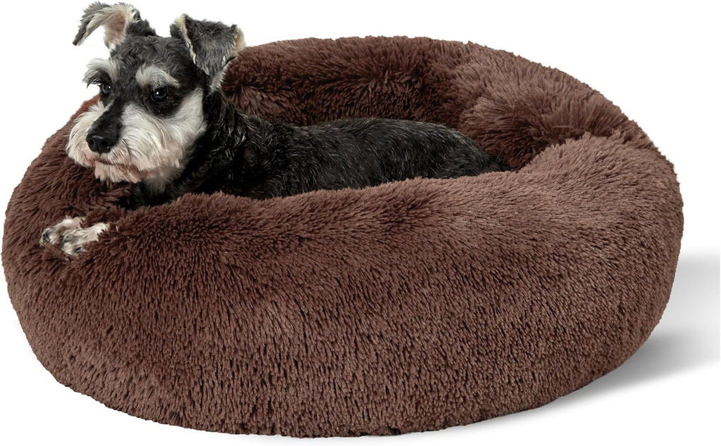 Calming Dog Bed for Small Dogs - Donut Washable Small Puppy Bed, 23 Inches Anti-Slip round Fluffy Plush Faux Fur Large Cat Bed, Fits up to 25 Lbs Pets, Camel
