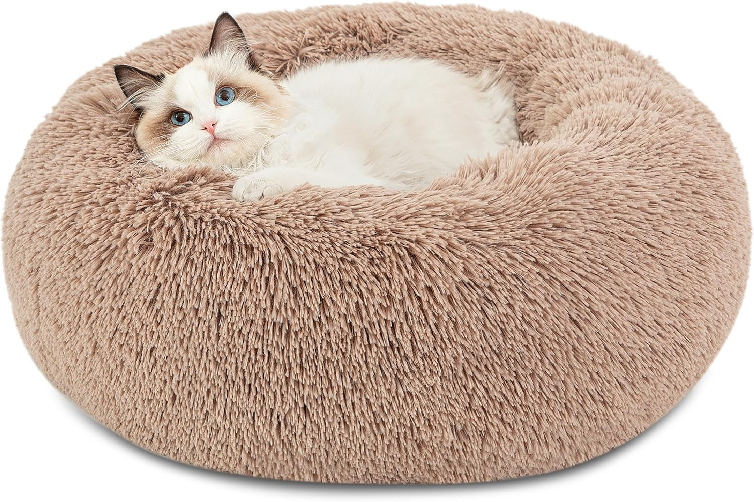 Calming Dog Bed for Small Dogs - Donut Washable Small Puppy Bed, 23 Inches Anti-Slip round Fluffy Plush Faux Fur Large Cat Bed, Fits up to 25 Lbs Pets, Camel