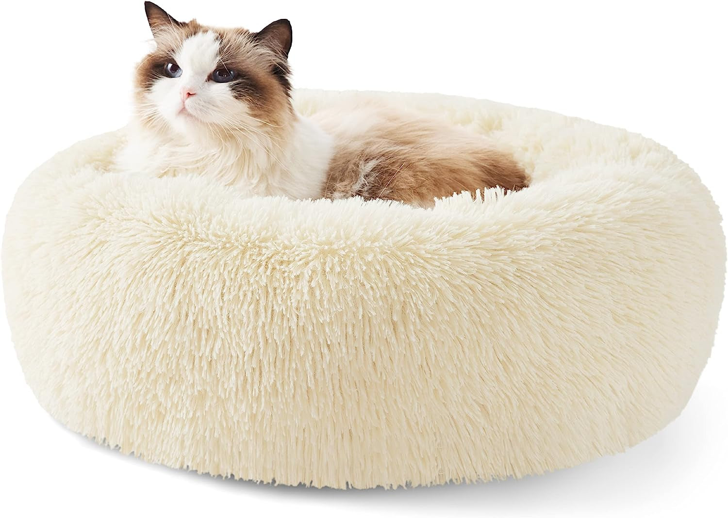 Calming Dog Bed for Small Dogs - Donut Washable Small Puppy Bed, 23 Inches Anti-Slip round Fluffy Plush Faux Fur Large Cat Bed, Fits up to 25 Lbs Pets, Camel