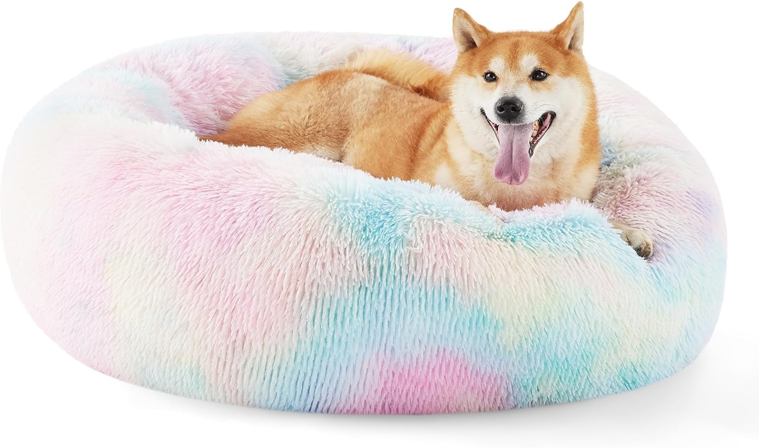 Calming Dog Bed for Small Dogs - Donut Washable Small Puppy Bed, 23 Inches Anti-Slip round Fluffy Plush Faux Fur Large Cat Bed, Fits up to 25 Lbs Pets, Camel