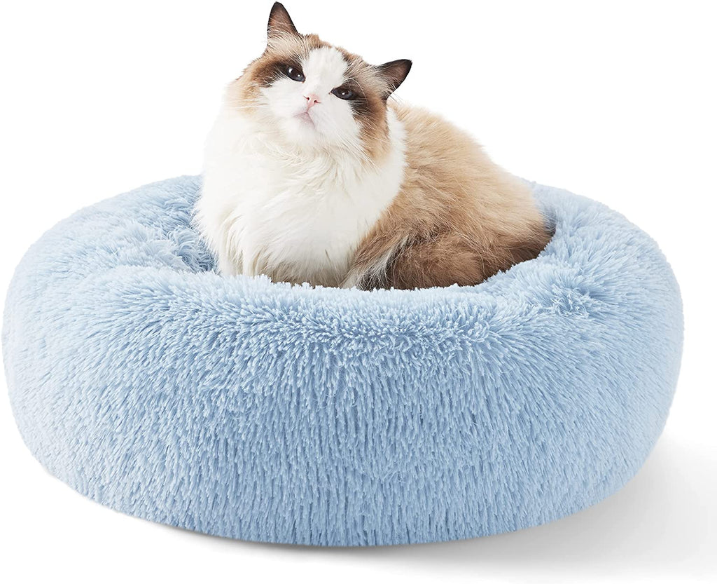 Calming Dog Bed for Small Dogs - Donut Washable Small Puppy Bed, 23 Inches Anti-Slip round Fluffy Plush Faux Fur Large Cat Bed, Fits up to 25 Lbs Pets, Camel