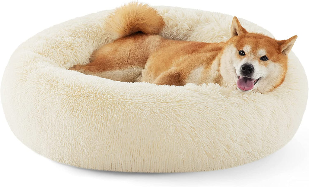 Calming Dog Bed for Small Dogs - Donut Washable Small Puppy Bed, 23 Inches Anti-Slip round Fluffy Plush Faux Fur Large Cat Bed, Fits up to 25 Lbs Pets, Camel